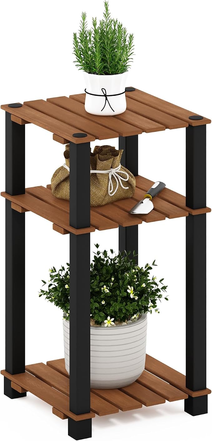 Furinno Pangkor 3-Tier Turn-N-Tube Indoor Outdoor Plant Shelf Wood Side Table with Square Poles, Natural/Black