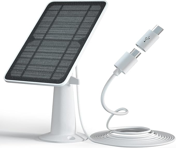 Solar Panel Charger Compatible with Eufycam 3/3C/2C/2C Pro/E40/E20/2/2 Pro/E/L20/L40/Solo/SoloCam Spotlight, 5W Solar Panel for Eufy Camera, Micro USB & USB-C Port, 9.8ft Cable, P65 Waterproof, 1 Pack