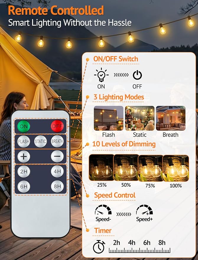 Larkvue 75FT(3x25FT) Solar String Lights Outdoor with Remote, Waterproof Dimmable 3 Modes Patio Lights with 30+3 LED G40 Bulbs for Balcony Yard-Black