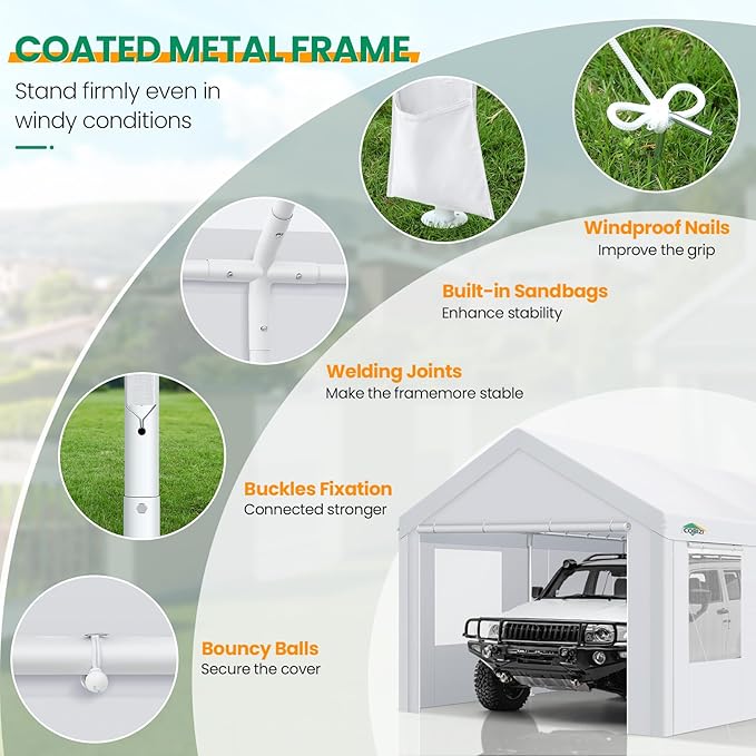 COBIZI Carport Canopy 12x20 Heavy Duty Portable Garage with Removable Sidewalls & Doors, Car Port Canopy Tent with Built-in Sandbags & All-Season Tarp for Car Boat Truck, White