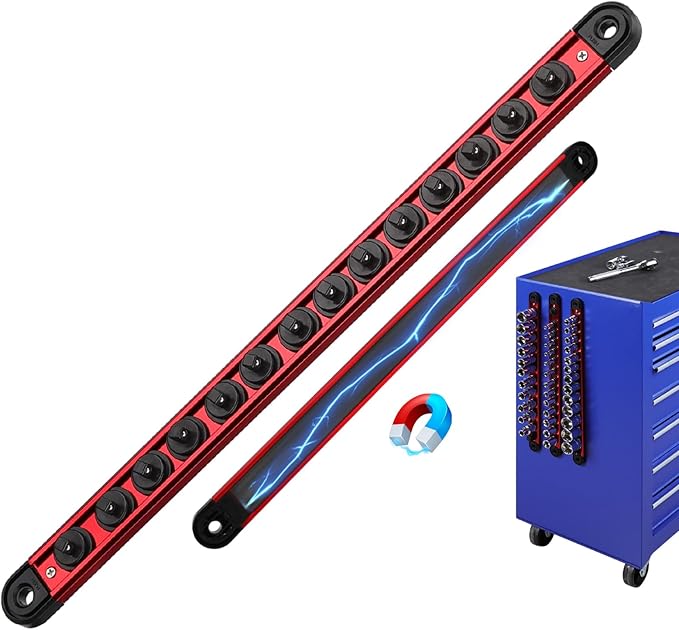 1/4-Inch Magnetic Socket Organizer Rail, Aluminum Alloy Socket Rail, Heavy Duty Sockets Holder with 14 Clips, 360° Swivel Clip Tool Tray, Sockets Organizer for Tool Box Drawer (Red)