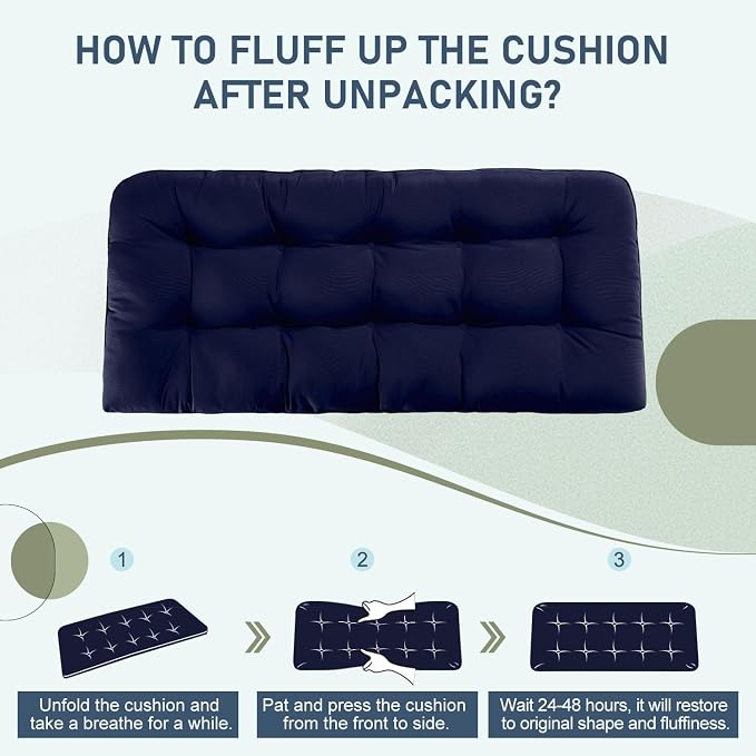 downluxe Outdoor Bench Cushion for Patio Furniture, Water Resistant Tufted Overstuffed Porch Swing Cushions, Thick Outdoor Loveseat Cushions, 48" X 18" X 5", Navy, Set of 1