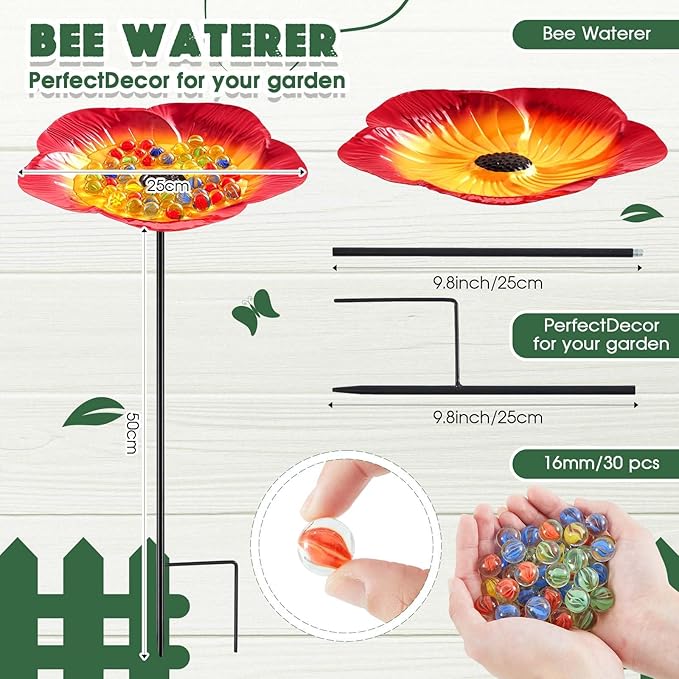 Tandefio Vivid Flower Bee Watering Station Metal Butterfly Water Feeder Cup with 30 Colorful Glass Marbles Bee Feeder Butterfly Bath Bowl for Garden Outdoor Yard Decors(Red,Flower)