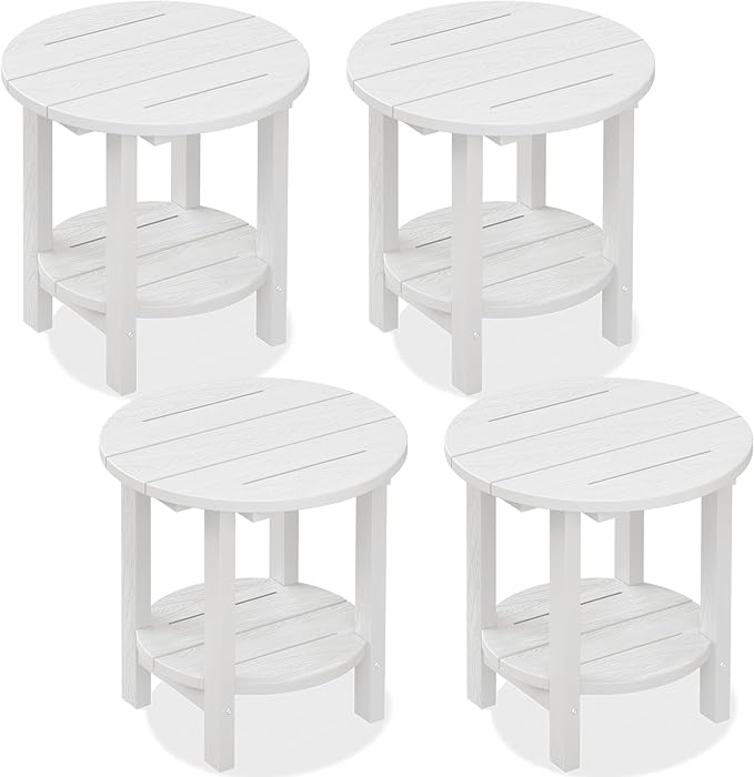 SERWALL Round Outdoor Side Table Set of 4, HDPE Small Adirondack Double End Table, White