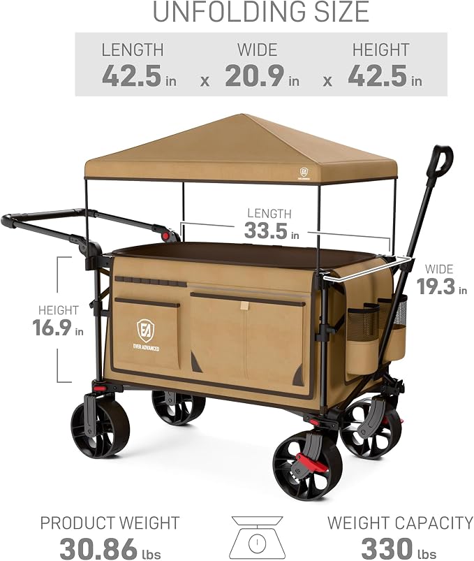 EVER ADVANCED Folding Push Wagon with Canopy, Portable Shopping Cart with Brakes, Collapsible Wagon Cart with All-Terrain Big Wheels for Camping, Beach, Sports