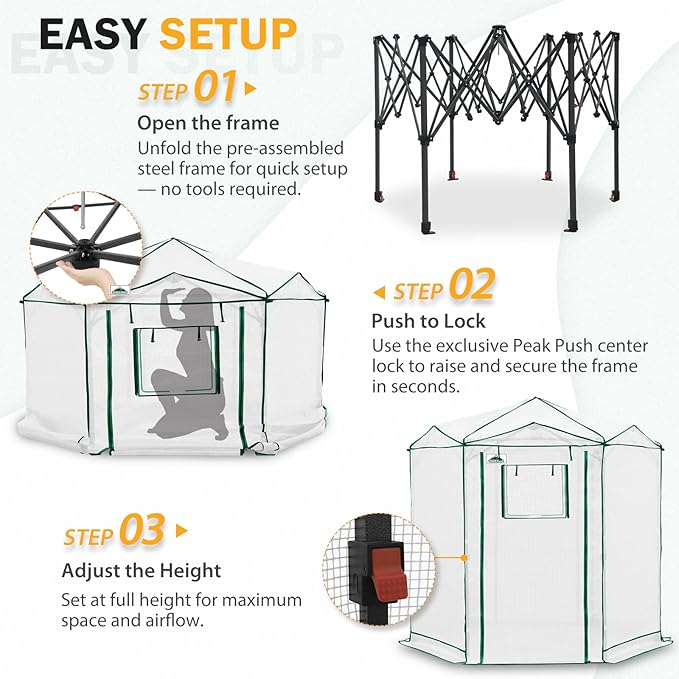 EAGLE PEAK 6.6x6.6 Portable Walk in Greenhouse, Pop Up Indoor Outdoor Greenhouse, Green House Kit with Zippered Roll-Up Doors and Windows, Hexagon Design, PE Cover, Clear/White