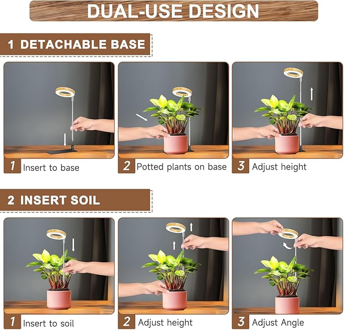 Aokrean Plant Grow Light, 48 LEDs Full Spectrum Grow Lights for Indoor Plants, Height Adjustable Faux Wood Grain Small Grow Light with Base, 3 Optional Spectrums, Auto Timer 6/12/16Hrs, 5 Brightness