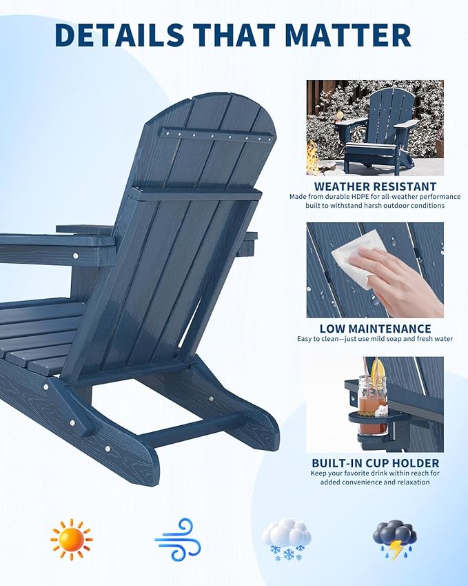 GarveeLife Folding Adirondack Chair Set of 2 with Ottoman, All-Weather HDPE Outdoor Chair, Wooden Textured with Cup Holder for patios, Decks, Gardens, fire pits, Navy Blue