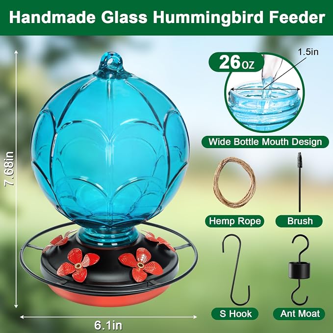 Glass Hummingbird Feeder for Outdoors Hanging, Gift for Women Mom and Bird Lovers