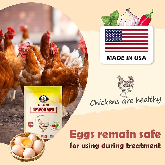 Natural Chicken Dewormer Powder, Chili Mix Formula, 1LB XL Pouch, Poultry Wormer for Laying Hens, Egg Safe, Gut Health Support, US-Made for Backyard Flocks