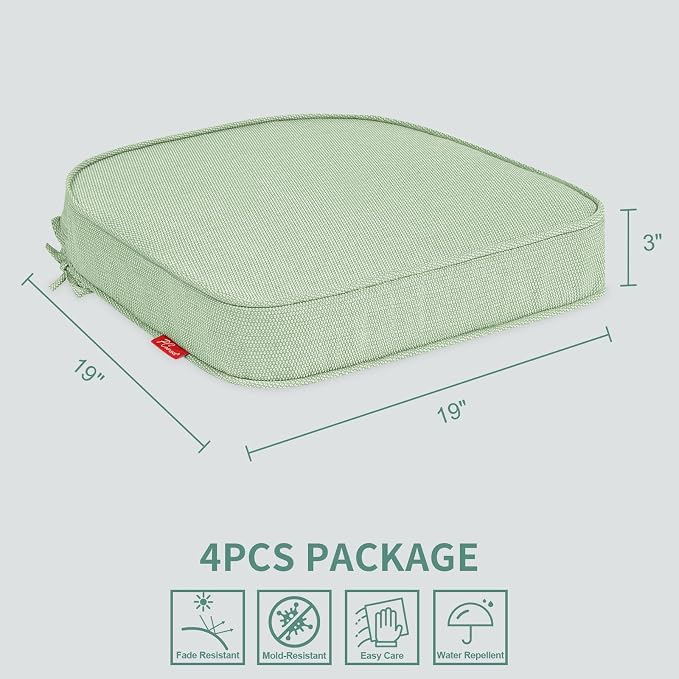 Outdoor Chair Cushions Set of 4, 19x19 Inch U-Shape Patio Seat Cushions with Ties, Water & Fade Resistant High Density Foam Cushions for Garden Patio Chairs, Light Green