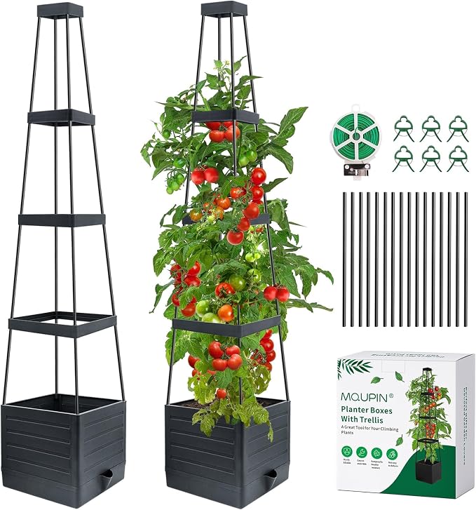 MQUPIN 2 Pack Tomato Planter with Trellis, 57" Self-Watering Raised Garden Bed Planter Box for Climbing Plants Vine Flowers Vegetables, Tomato Cage for Indoor Outdoor Patio Greenhouse