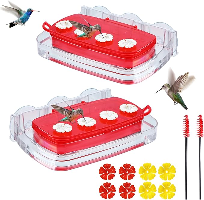 2 Pack Window Hummingbird Feeder with Strong Suction Cup, Plastic Hummingbird Feeders for Outdoors, Built-in Moat,Easy to Clean and Refil (10oz) (2, Red)