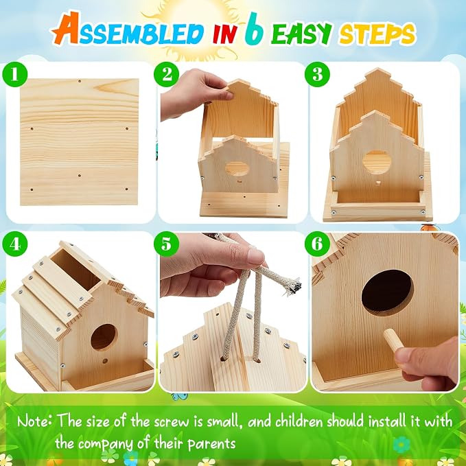 Juexica 4 Pack DIY Birdhouse Kits for Kids Ages 6+ Build and Paint Wooden Bird House Arts and Craft Project with Paint Strips Brushes for Boy Girl Adult Classroom Indoor Outdoor Crafts (Groovy)