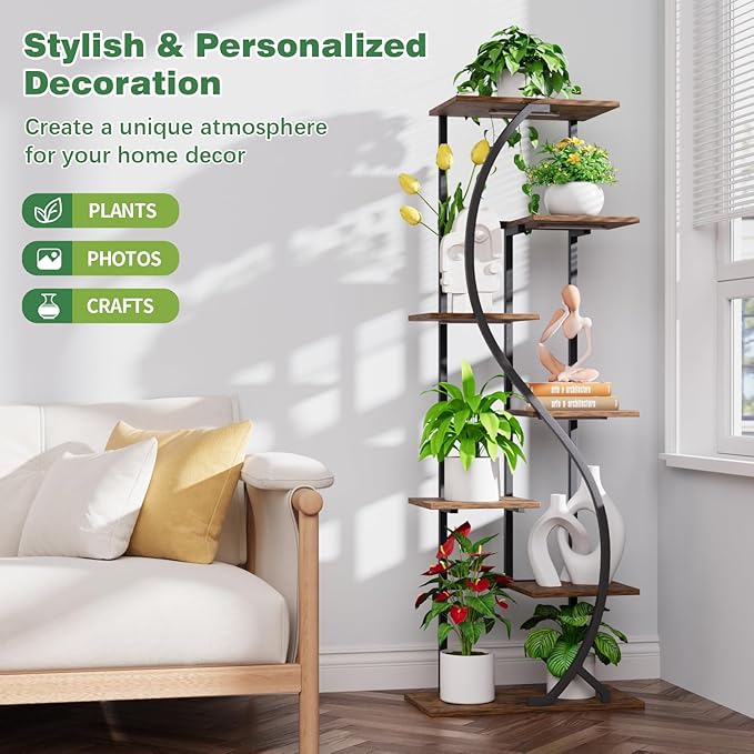 MJOMKN 59" Tall Plant Stand with Grow Light Indoor, 7 Tiered Metal Plant Shelf, S-Shaped Flower Display Stand, Corner Storage Shelf for Living Room, Patio, Balcony Decor