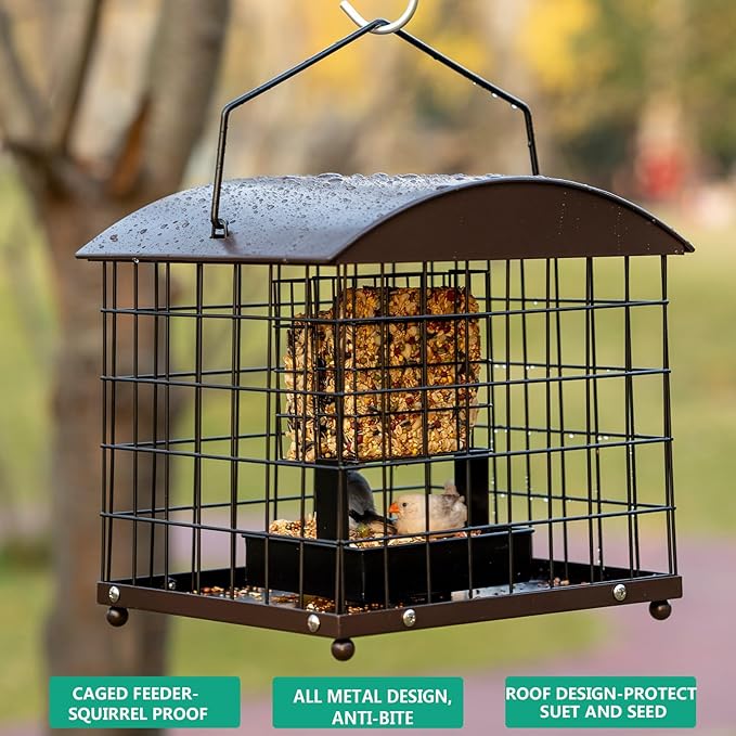 Caged Suet Feeders Squirrel-Proof, Dual-Purpose Suet &Seed Wild Bird Feeders with Tray, Huge Metal Caged Bird Feeders Outdoors Hanging, 2 Suet Cakes+1lb Seed Capacity, Copper