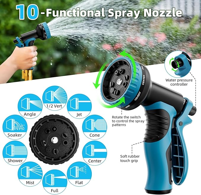 Garden Hose, Non-Expandable Water Hose 75 ft, Flexible, Kink & Leak Proof Water Pipe with 10-Function Spray Nozzle, Lightweight Outdoor Hose for Yard, Lawn, Car Wash, RV and Home Use