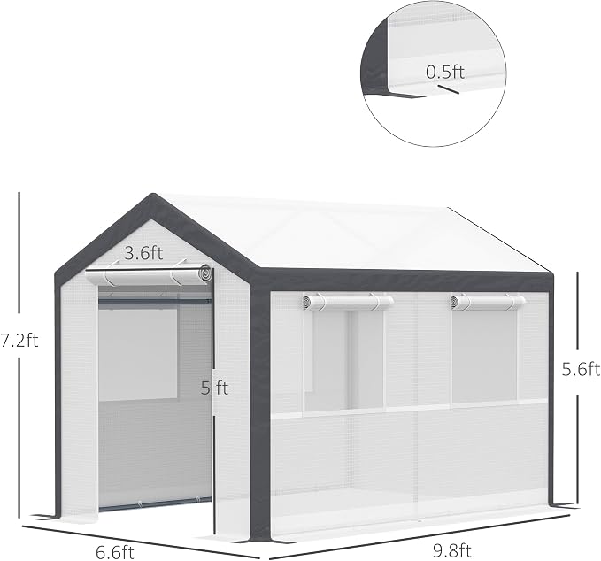 Outsunny 10' x 7' x 7' Greenhouse, Walk-in Outdoor Tunnel Green House with PE Cover, Steel Frame, 2 Roll-Up Zipper Doors & 4 Windows for Flowers, Vegetables, Tropical Plants, White