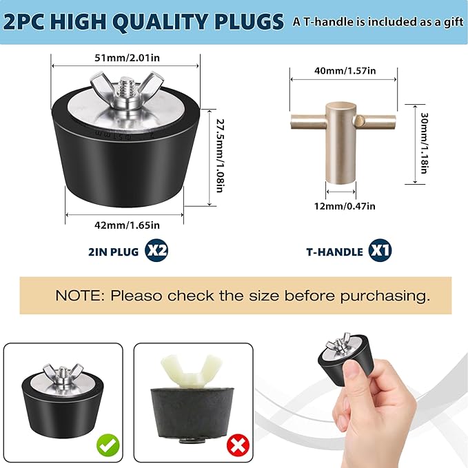 2 Pack Rubber Pool Winter Plugs with One T-Handle 1.5" – 2" Pool Winterizing Plugs with Stainless Steel Screws Pool Return Jet Plug Inground & Above Ground Skimmer Plug for Pools
