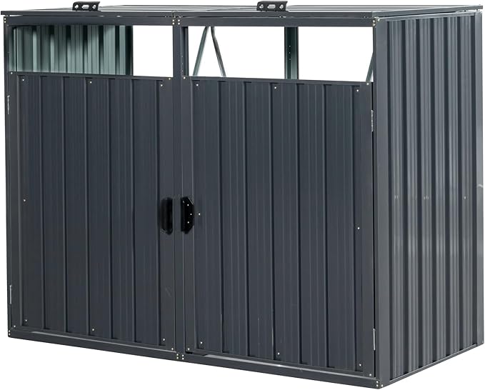 62.99" Metal Garbage Bin Shed Stores with Ventilated and Lockable,Patio Furniture 2 Trash Cans Outdoor Sheds w/Rust-Proof & Scratch- Resistant,for Garden Yard Lawn,Black