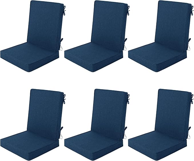 Outdoor Chair Cushions 20x20, Water-Resistant & Fade-Resistant, Patio Furniture Lawn Dining Chair Seat Replacement with High Back, Ties Zipper, Removable Cover, Set of 6, Navy Blue