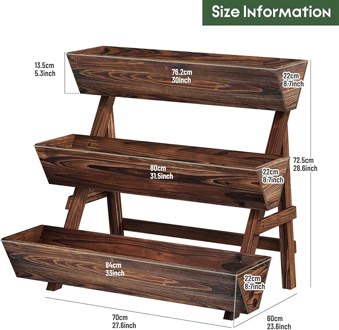 Vertical Wooden Raised Garden Bed, Garden Planters Freestanding Wood Plant Stand Flower Rack Wooden Planter Box for Plants Herbs Flowers Vegetables Outdoor Indoor Gardening (3-Tier Large Carbonized)