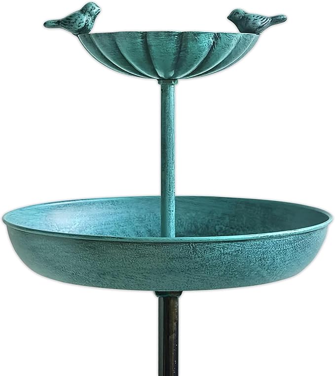 JOYBEE 38In Metal Double Bird Bathtub Stake for Outside, Vintage Freestanding Birdbaths, Bird Baths Feeder Bowl for Outdoors Garden Patio Yard Lawn Decor, Upgraded 5-Pronged Base (Blue)