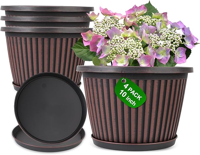 Myfeegoin Planter-Pots-for-Plants-Indoor-Outdoor, 4 Pack 10 Inch Plastic Flower Pots with Saucer & Drainage Holes, Modern Garden Planters for Planting Medium Large Plants，Decorative Resin Garden Pots