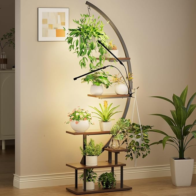GREENSTELL Plant Stand with Grow Lights, Half Moon 7 Tiered Metal Plant Shelf , Multiple Tier Curved Ladder Flower Pot Stand Display Rack for Indoor Living Room Patio Garden Balcony Dark Brown (1 Pack)