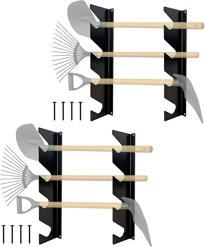 A.A Garage Tool Organizer Wall Mount, Shed Organization Racks, Garden Tool Organizer for Shovels and Rakes, Solid Steel - Holds 100 lbs (2 Sets)