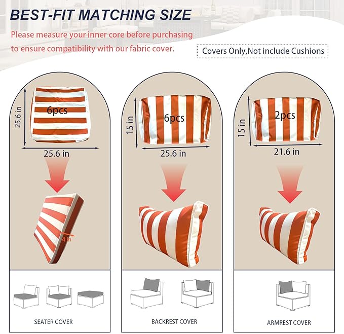 Outdoor Cushion Covers for Patio Furniture, Patio Cushion Covers Replacement with Zipper, Waterproof & Fade Resistant,Only Cover (Orange and White Stripes, 25.6Lx25.6Wx4H - Only Covers)