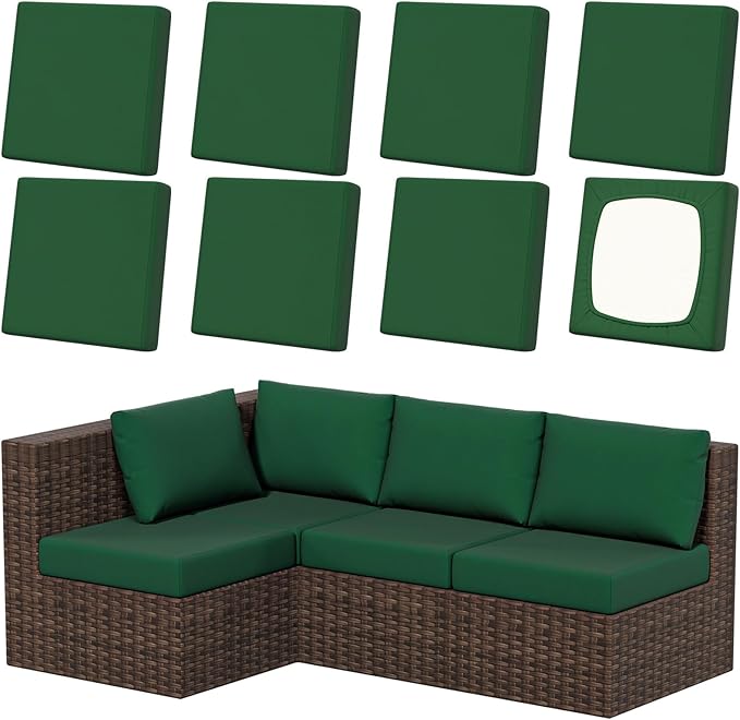 8Pcs Patio Stretch Cushion Covers, Outdoor Couch & Sofa Replacement Slipcovers for Patio Furniture Cushion Covers, Washable Reusable Furniture Protector, Square Large, Dark Green