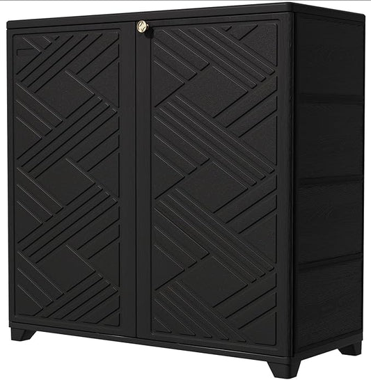 KINYING Outdoor Storage Cabinet Waterproof with 2 Shelves, 60 Gallon Resin Storage Shed for Patio/Garden/Backyard, Outdoor Storage Box for Cushions,Garden Tools and Pool Supplies,Black