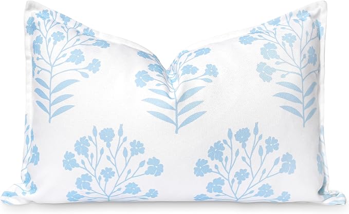 Hofdeco Premium Coastal Patio Indoor Outdoor Lumbar Pillow Cover Only, 12"x20" Water Repellent for Backyard, Couch, Baby Blue Print Floral
