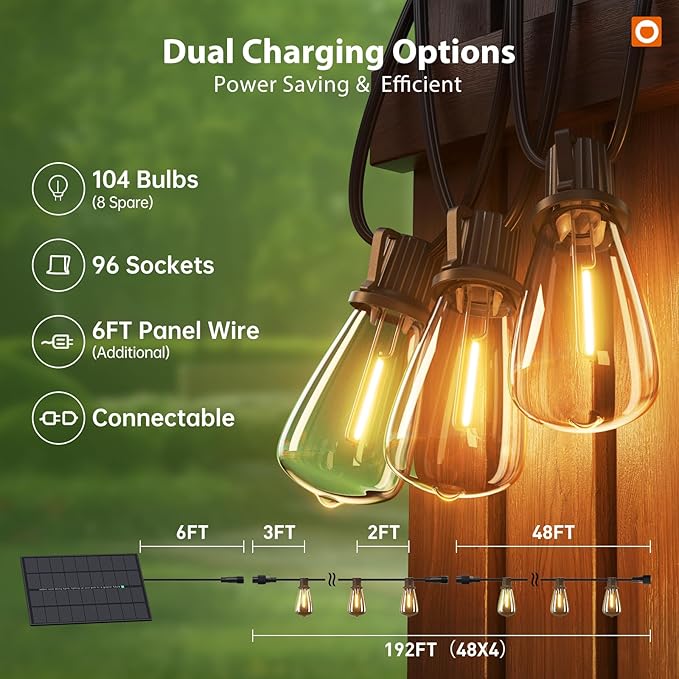 addlon 198(192+6) FT Solar String Lights Outdoor Waterproof with Remote, 96+8 LED Shatterproof Bulbs, Dimmable & Timable, Solar Lights Outdoor, Patio Lights for Garden,Backyard,Party,Camping Decor