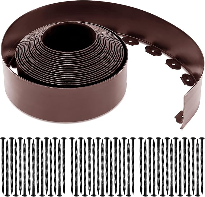 Sasylvia 5'' x 50' Landscape Edging Kit Plastic Garden Edging Border Include 45 Anchoring Spikes for Lawn Garden Grass Yard Home School, Brown