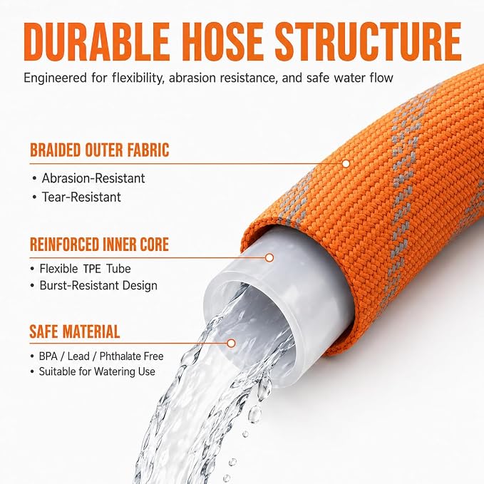 Garden Hose 100ft Non-Expanding, Burst-Proof Flexible Water Hose with Thickened TPE Core & Round Braided Polyester, Kink-Free & Lightweight for Yard and Camper.