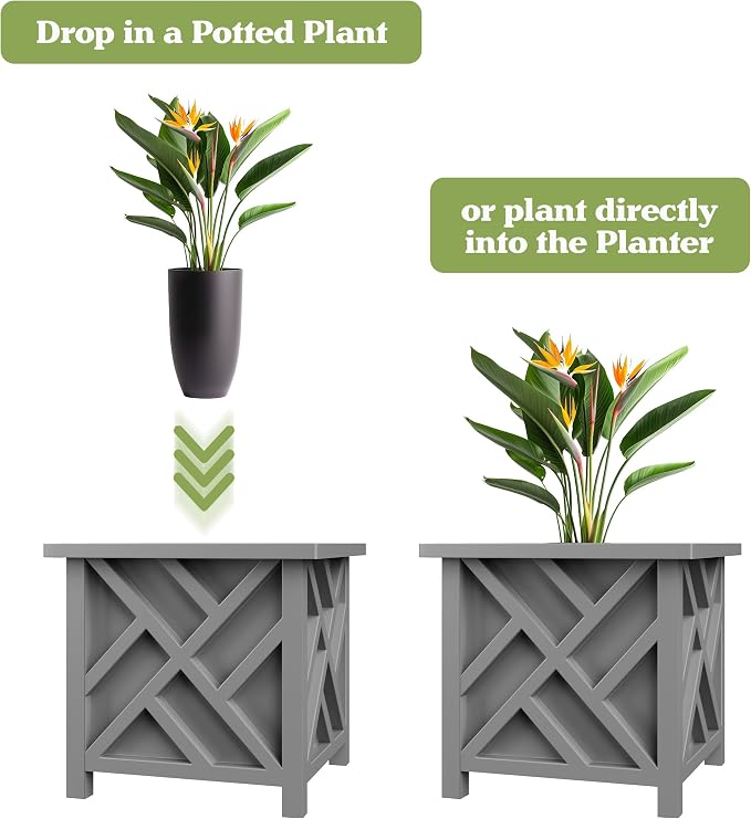 Lattice Design Outdoor Planter Box 2-Pack - 15.5” Square 16.5” Tall Gray Decorative Plant Pots for Front Porch Decor - Flower Pots Outdoor Planters for Porch Patio or Garden Decor by Pure Garden