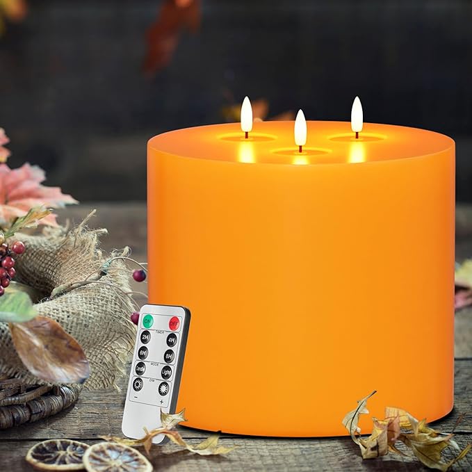 Orange Extra Large Flameless Candle 6"x6" 3 Wick Battery Operated Real Wax Pillar with Remote & Timer Flickering Flame LED Candle Orange for Halloween, Christmas Home Decor
