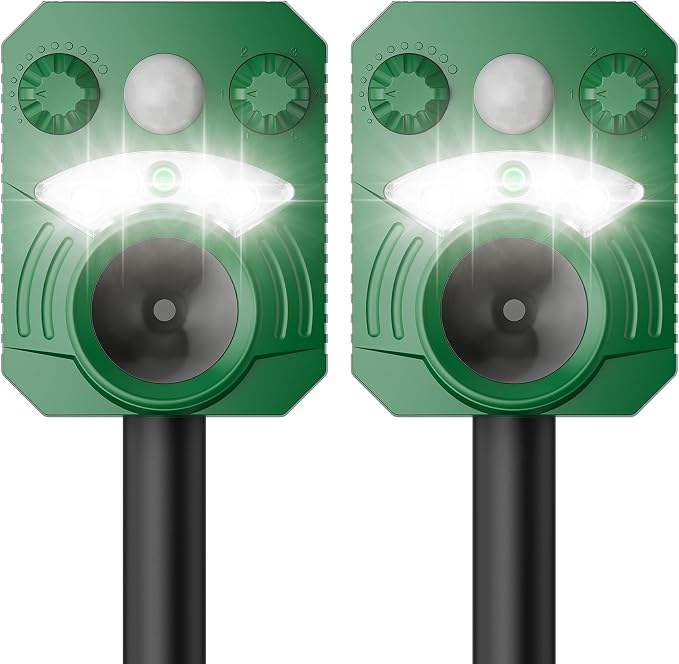 2 Pack Cat Repellent Outdoor Deer Repellent Device Dog Repeller Solar Animal Repellent Ultrasonic Squirrel Repeller Waterproof Racoon Fox with Motion Activated Sensor Flashing Light (Green)