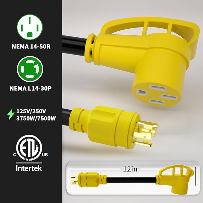 POWGRN 30 Amp to 50 Amp RV Generator Adapter Cord 1FT(12 Inch), NEMA L14-30 Male Plug to NEMA 14-50 Female Plug, 4 Prong Heavy Duty Power Cord, 10 Gauge STW, 30A 125V/250V, Black-Yellow, ETL Listed