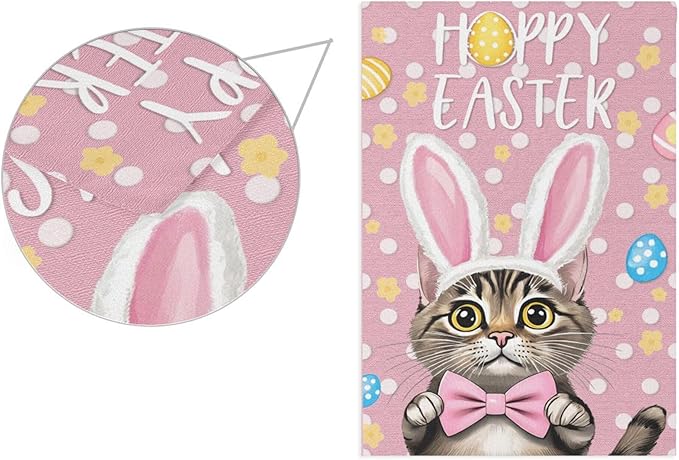 Happy Easter Day Pink House Flag 28x40 Inch Double Sided Outside Bunny Cat Bowknot Rabbit Easter Egg Yard Outdoor Flag Banner for Garden Lawn Patio Holiday Decorations