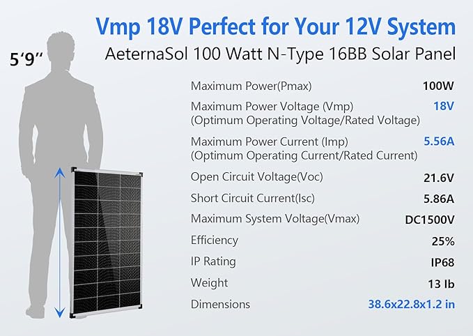 Solar Panels 100W 18V for 12V System, Solar Panel for RV, A+ Grade Solar Module N-Type 25% High Efficiency16BB Waterproof IP68 for Cabin Van Camp Marine Home Farm Roof Off-Grid(38.6"x22.8",Single)