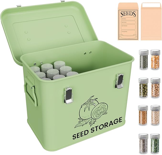 Seed Storage Organizer Box, Metal Seed Box, Garden Seed Organizer with Lid, Seed Containers Storage with 3 Compartments, 30 Seed Holder Organizers, 50pcs Seed Envelopes (Green)