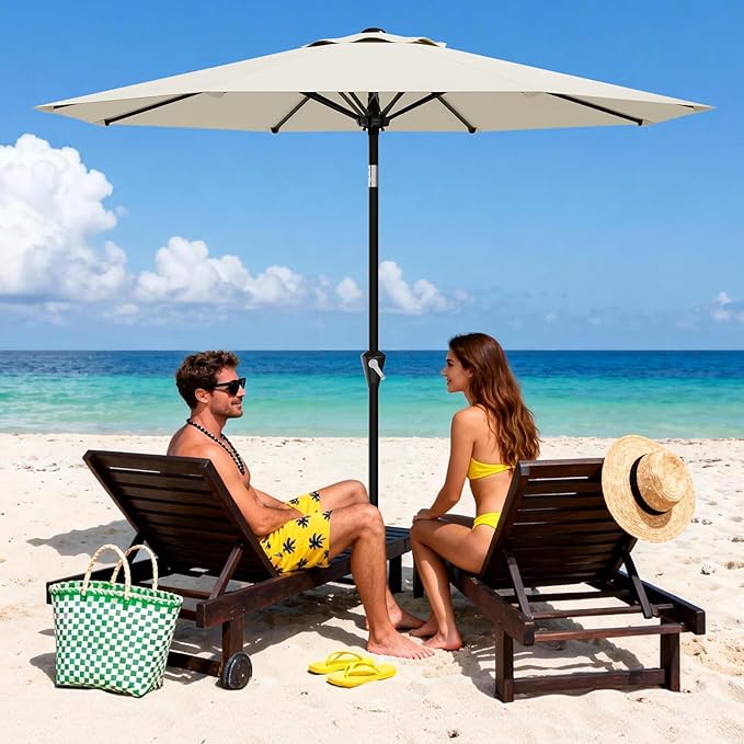 GarveeLife 10FT Umbrella Outdoor Patio, Table Umbrella with Push Button Tilt and Crank, 8 Sturdy Ribs Waterproof UV Protection for Garden, Pool, Deck, Backyard, Market (Beige White)