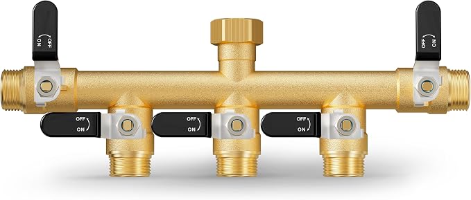 Garden Hose Splitter, 5 Way Heavy Duty Brass Hose Splitter, Water Hose Bib Spigot Splitter with 0.59" Full Flow Ball Valve Outlet & Shut-Off Valve 3/4'' Connector Outdoor Water Faucet Adapter