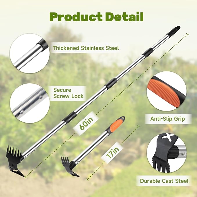 60" Weed Puller Tool with Long Handle and 17" Weeding Tools Gardening Set, Dual Side Hand Weed Rake and Hoe Garden Weeder, Weed Pulling Remover Tool for Yard, Patio, Lawn and Garden Planting (Black)