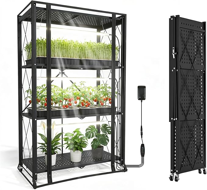 Indoor Greenhouse with Grow Light, 4-Tier Foldable Metal Plant Shelf with Full Spectrum 6000K Growing Lamps and Tent, Mini Greenhouse Cabinet with Timer for Seed Starting (28.2"x14.2"x50")