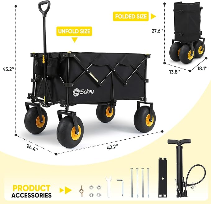 Sekey Heavy Duty Beach Wagon with 9" Big Sand-Proof Wheels – 600lb Capacity, 200L Oversized Foldable Cart | Adjustable Handle & All-Terrain Tires for Sand, Camping, Groceries