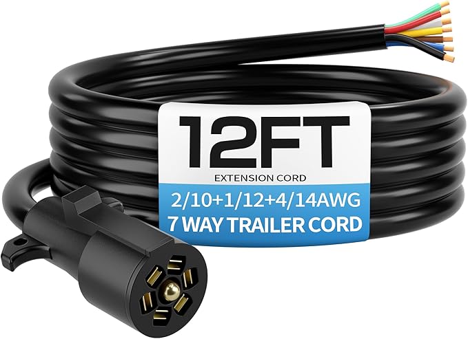 Deluwire 12 FT 7 Pin Trailer Plug, Heavy Duty Trailer Wiring Harness, 7 Way Trailer Cord with Double Prongs Connector for Trailers, RVs, Campers